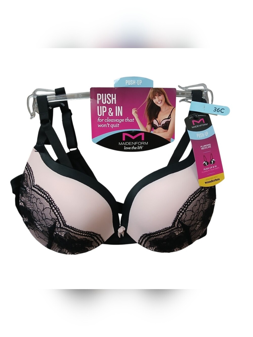 NWT Maidenform Pink with Black Lace Push-Up In Bra For Cleavage That Won't Quit